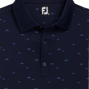 Footjoy Men's School of Fish Print Lisle Self Collar Polo Navy Medium